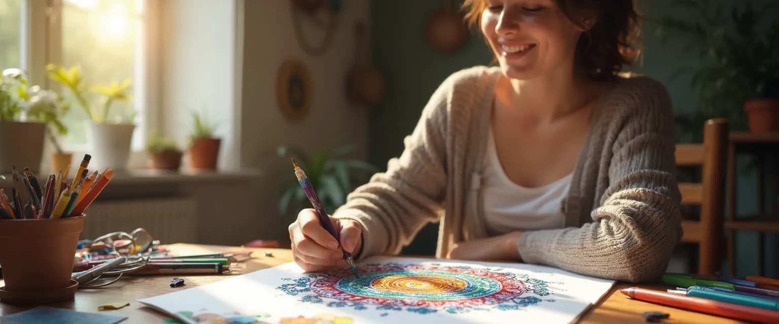 Person creating colorful art therapy mandala for a happy mind and improved wellbeing