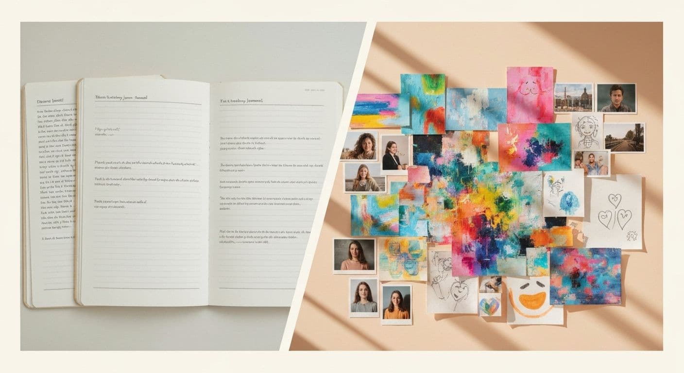 Visual thinker using sketch-based grief prompts and photo curation exercises for emotional processing