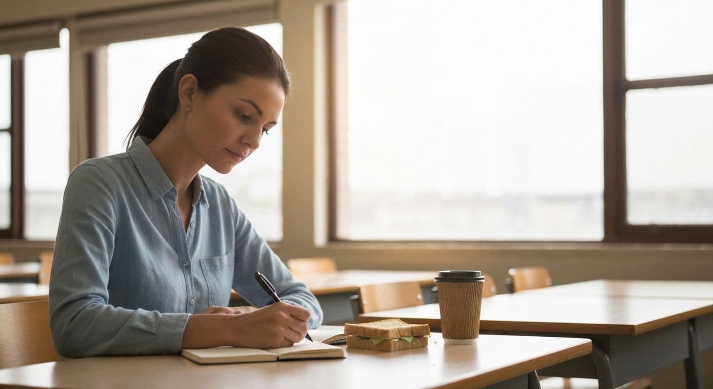Teacher practicing self awareness during lunch break with mindful reflection techniques