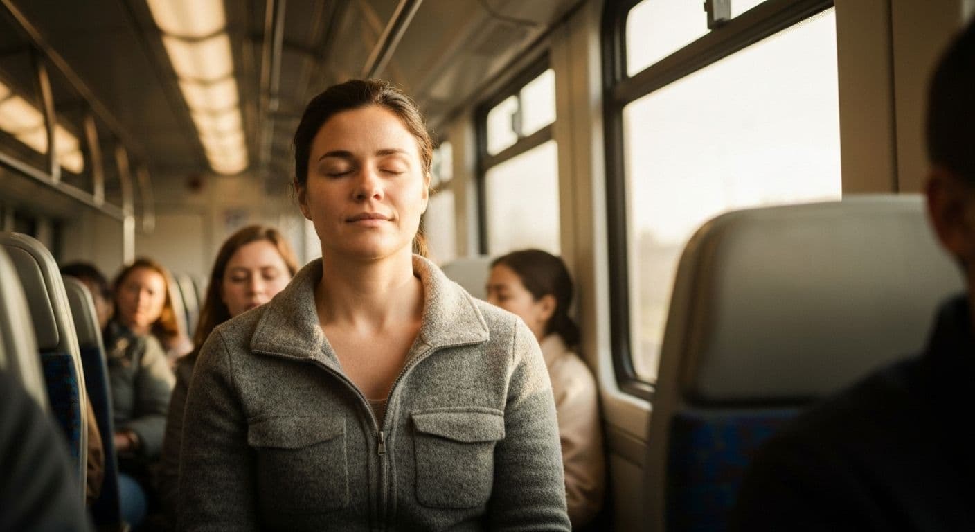 Person on morning commute practicing inner mind exercises while traveling to work