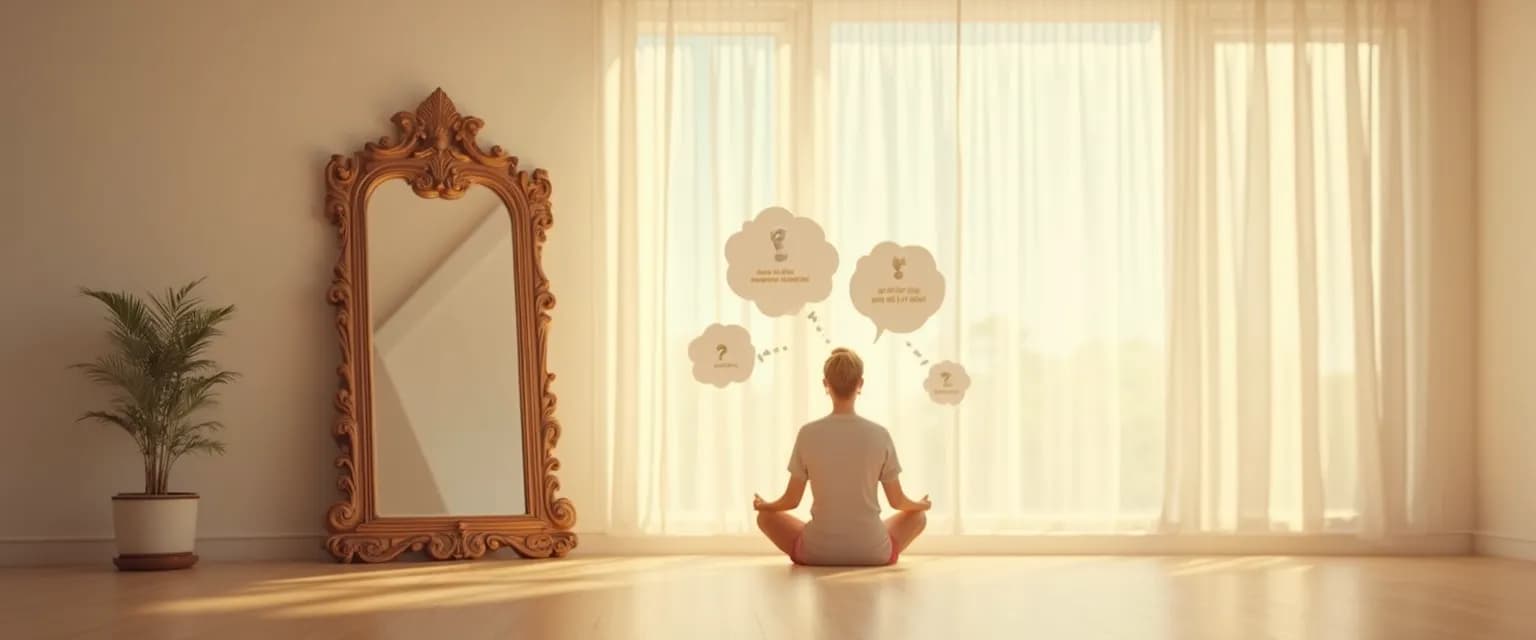 Person reflecting with mirror questions to increase self-awareness