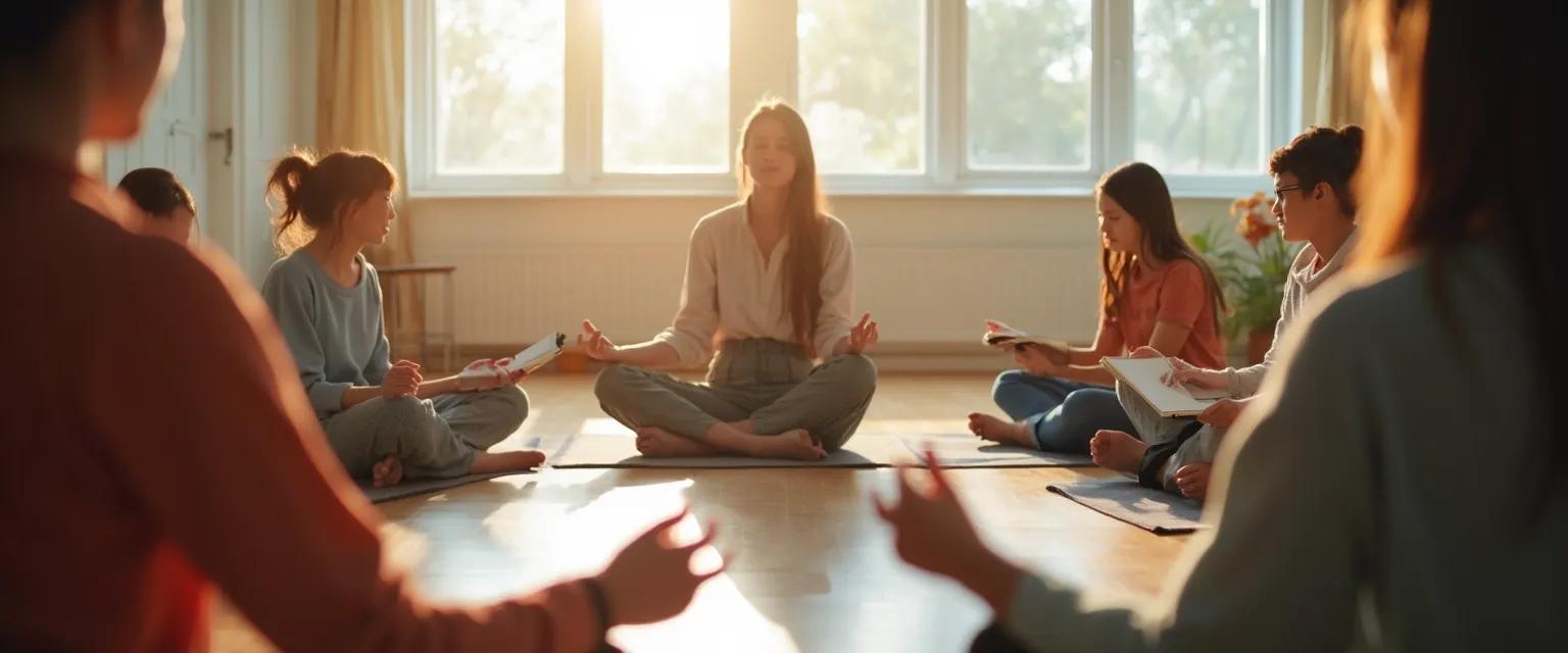 Teacher guiding elementary students through self-awareness activity in classroom
