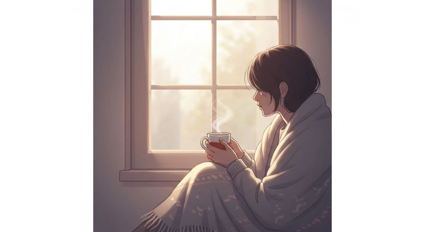 Person looking thoughtfully out window feeling so sad after breakup while holding warm beverage for comfort