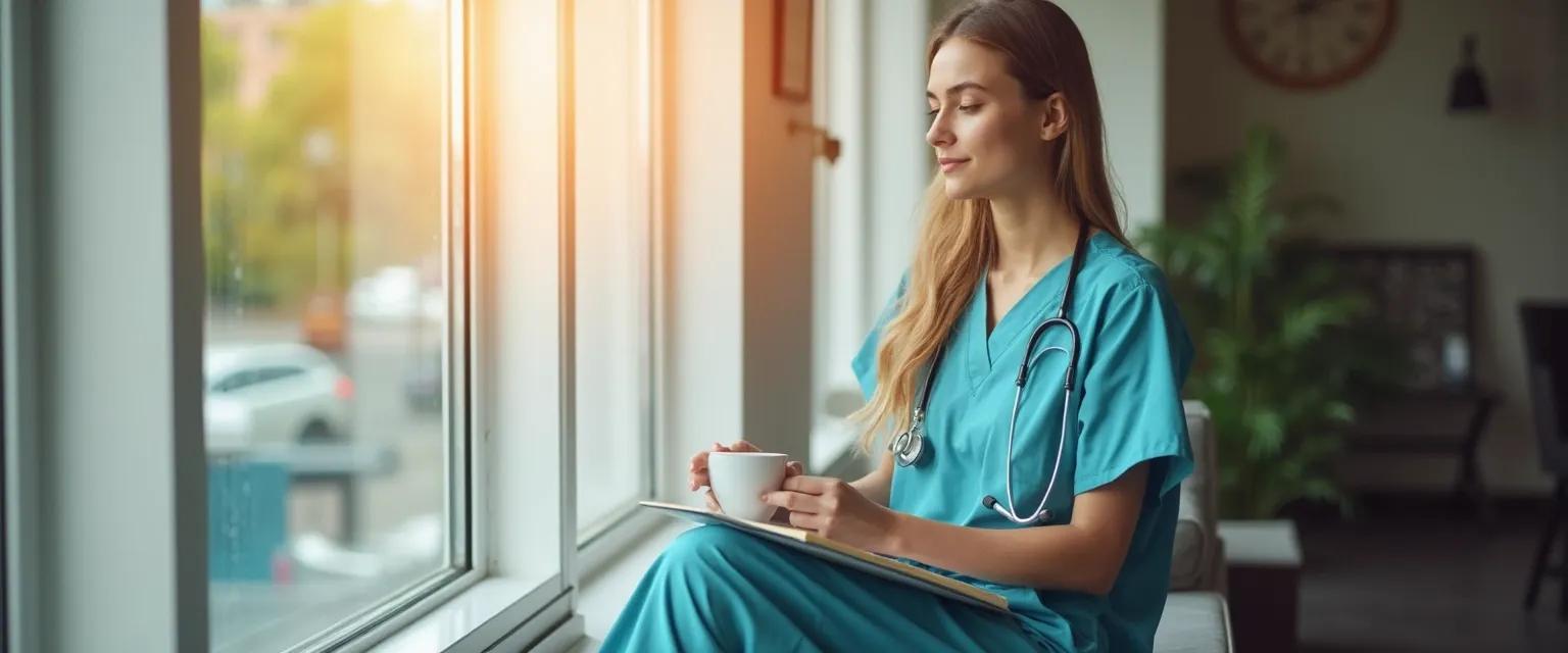 Healthcare professional practicing self-awareness techniques during a busy hospital shift