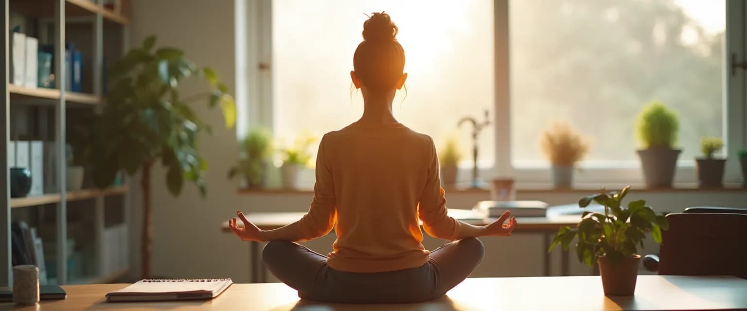 Professional using Sharon Salzberg meditation techniques at desk for workplace stress relief