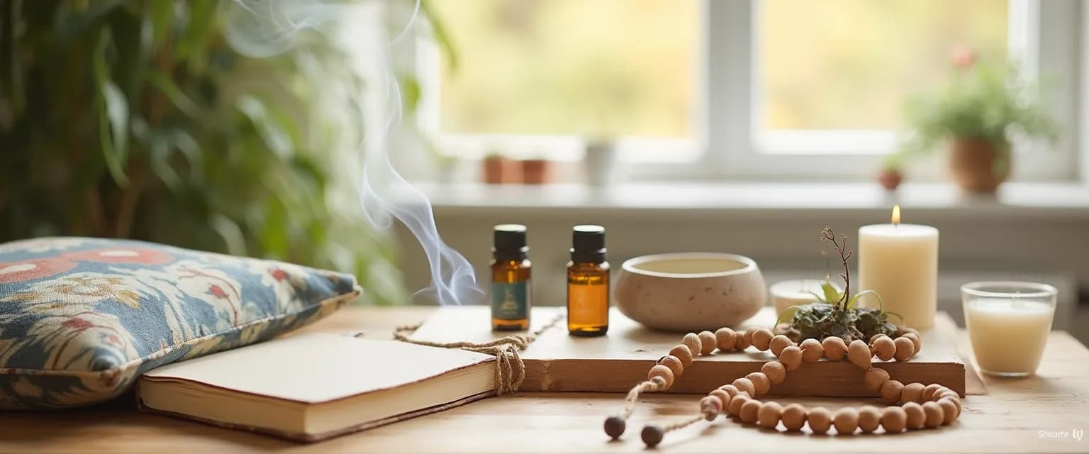 Handmade mindfulness gifts including meditation stones, aromatherapy sachets, and breathing beads