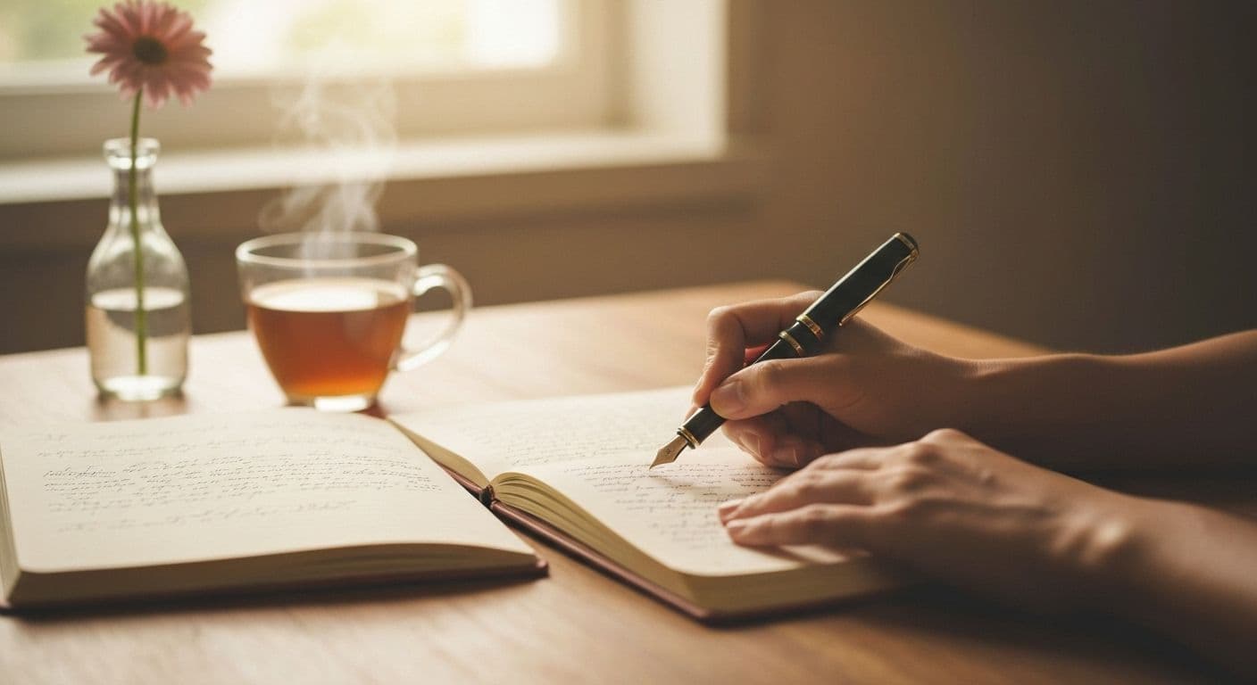 Person writing grief journal prompts by hand in notebook with pen, demonstrating mindful emotional processing