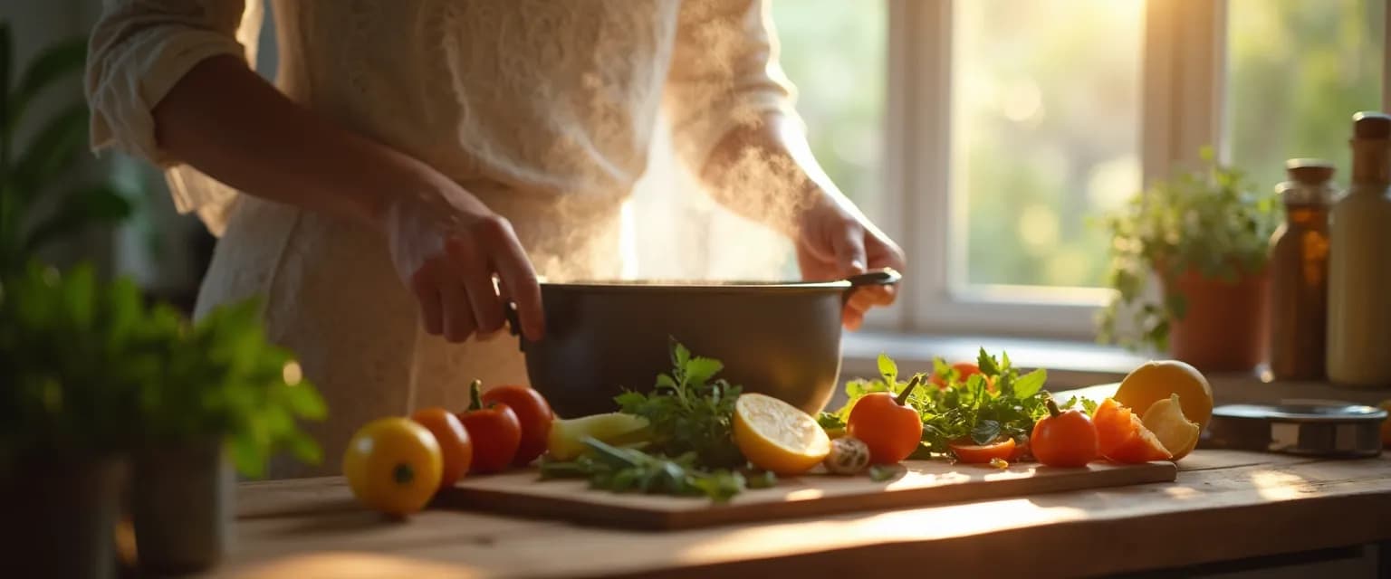 Person practicing Thich Nhat Hanh mindfulness techniques while preparing vegetables in kitchen