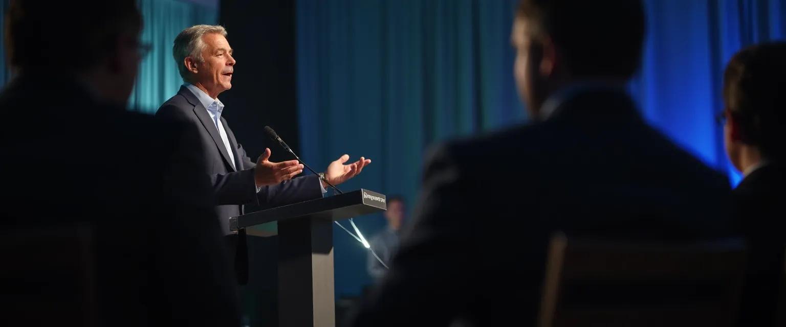 Professional speaker demonstrating confident hand gestures to boost confidence in public engagement