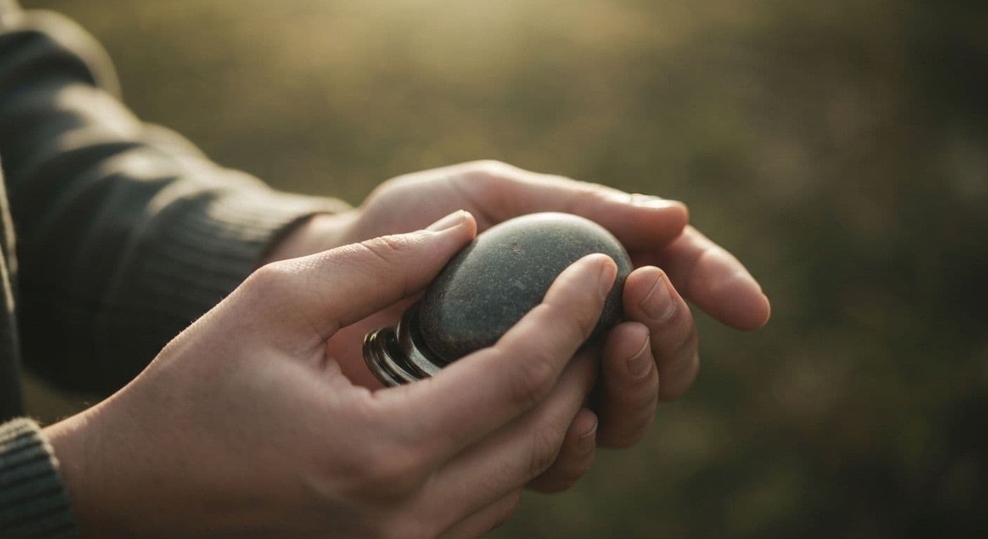 Hands holding memorial jewelry and other physical grieving tools for emotional healing