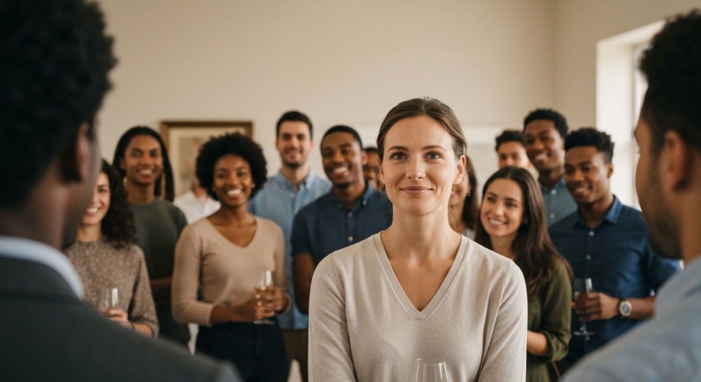 Person confidently reading social cues and demonstrating social awareness and relationship management in group setting