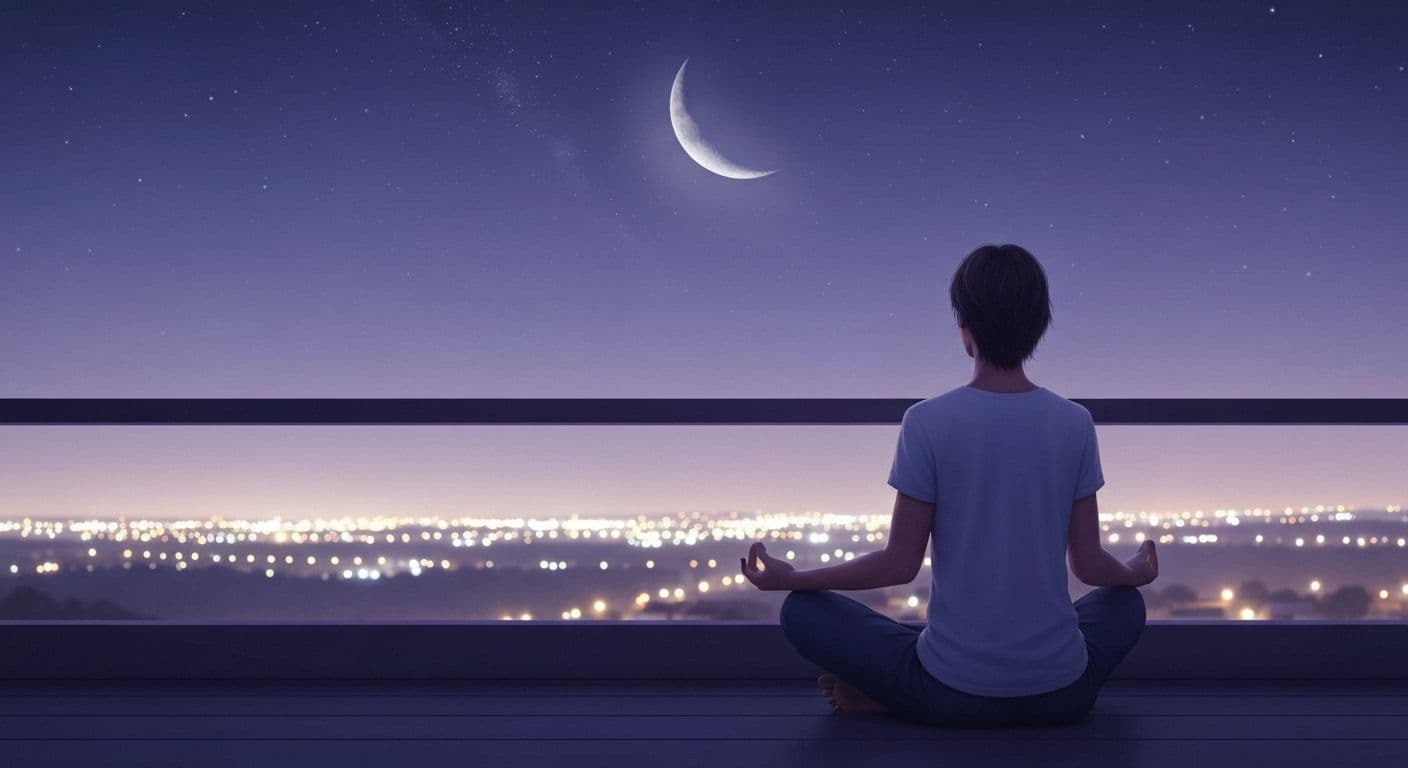 Night owl practicing mindfulness stress reduction techniques in the evening with calm ambient lighting