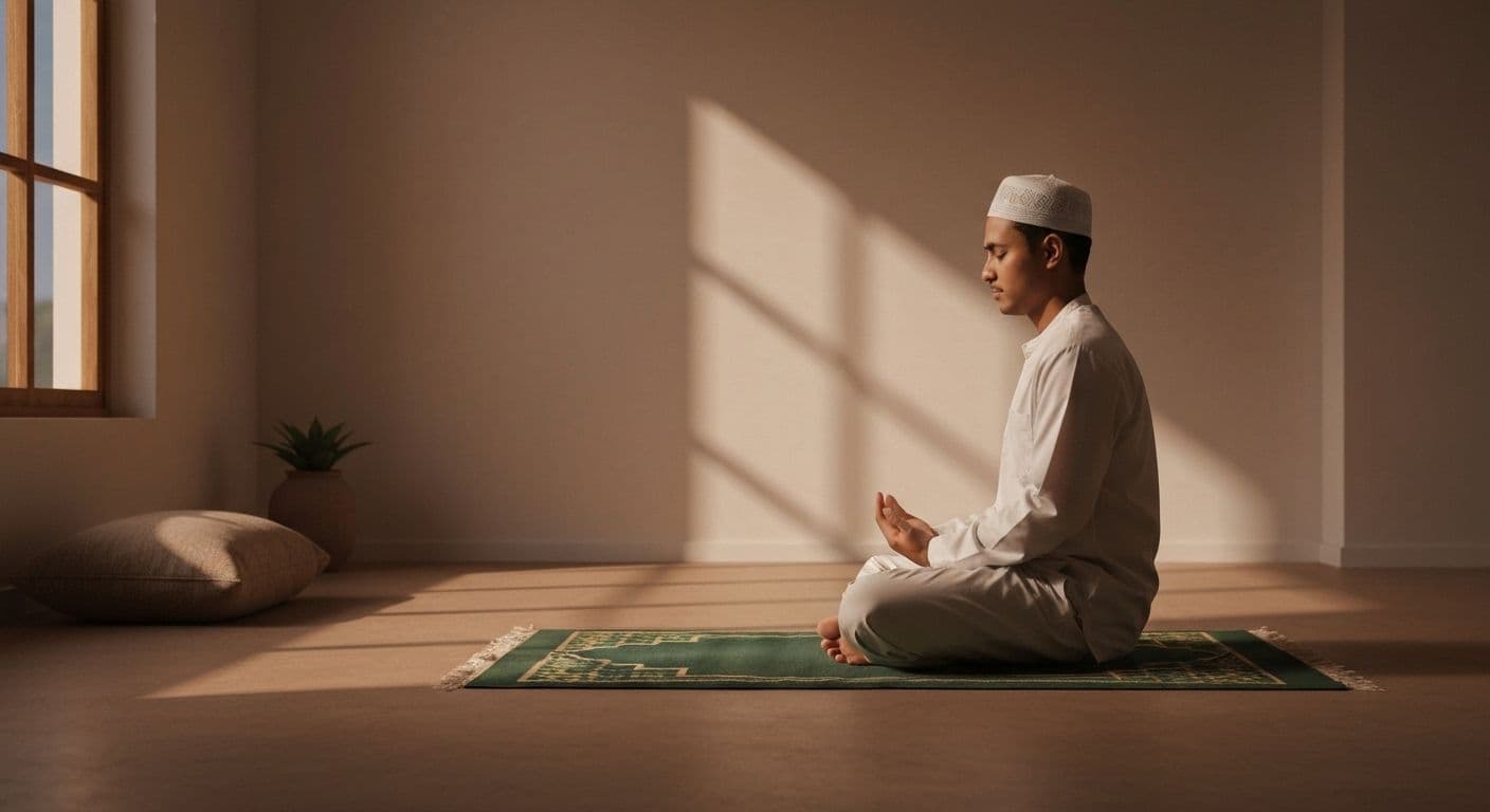 Muslim practicing mindful Salah prayer for self awareness Islam development