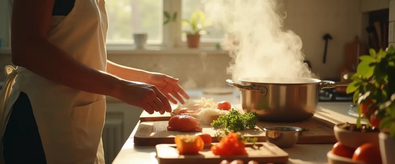 Person using mindfulness tools while cooking in a peaceful kitchen environment