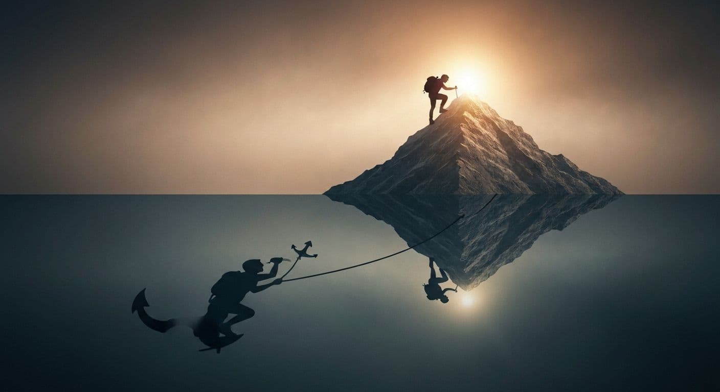 Illustration showing the conflict between conscious and subconscious mind with opposing arrows representing internal resistance to goals