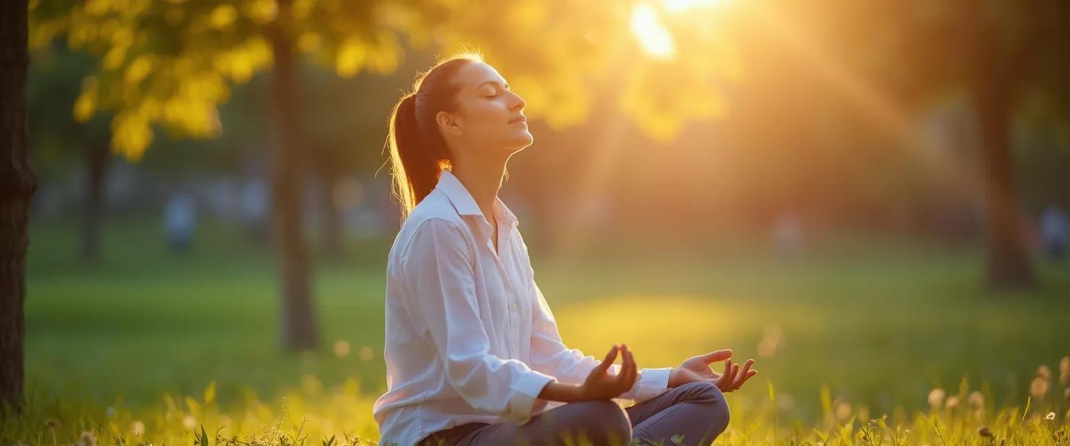 Professional practicing loving kindness guided meditation at desk during lunch break
