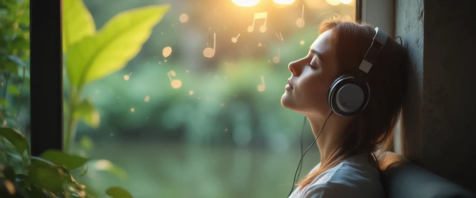 Person wearing headphones experiencing calm while listening to music to reduce anxiety