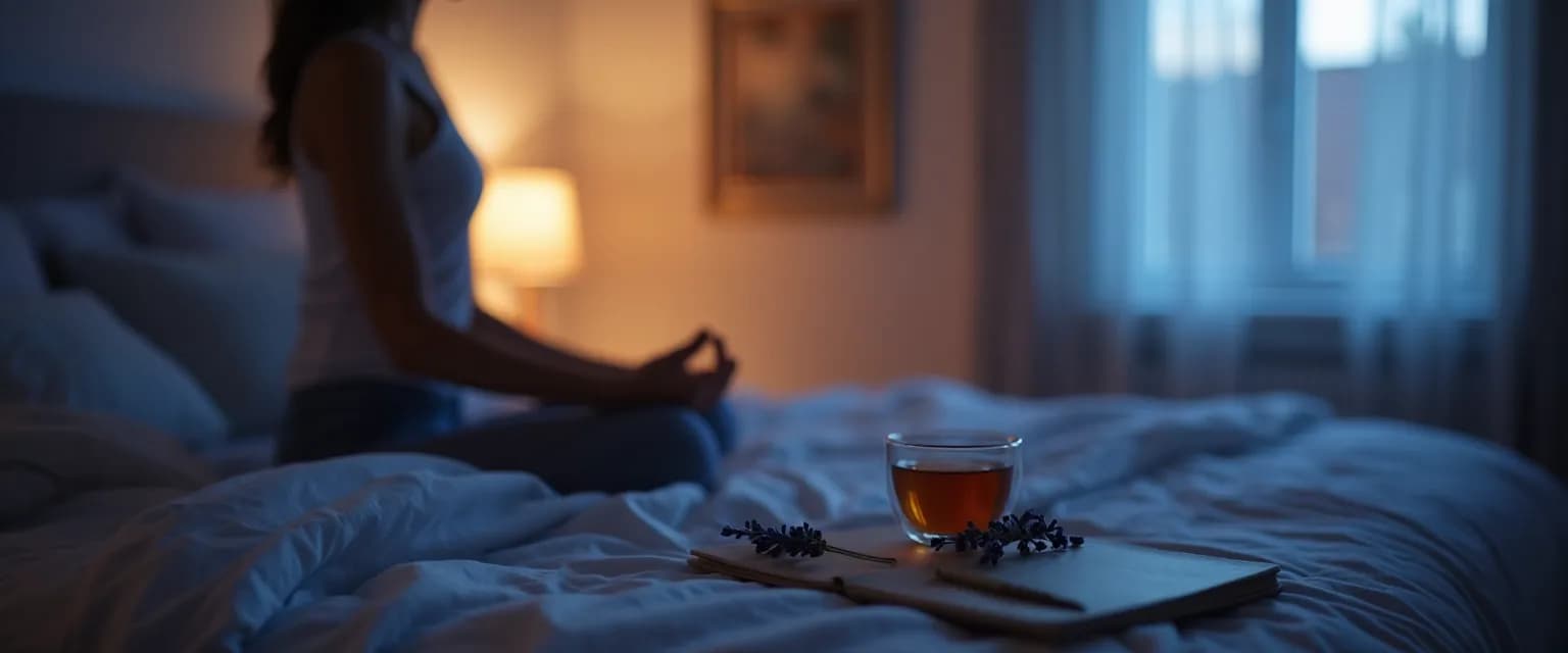 Woman practicing bedtime mindfulness for sleep with eyes closed in dim lighting