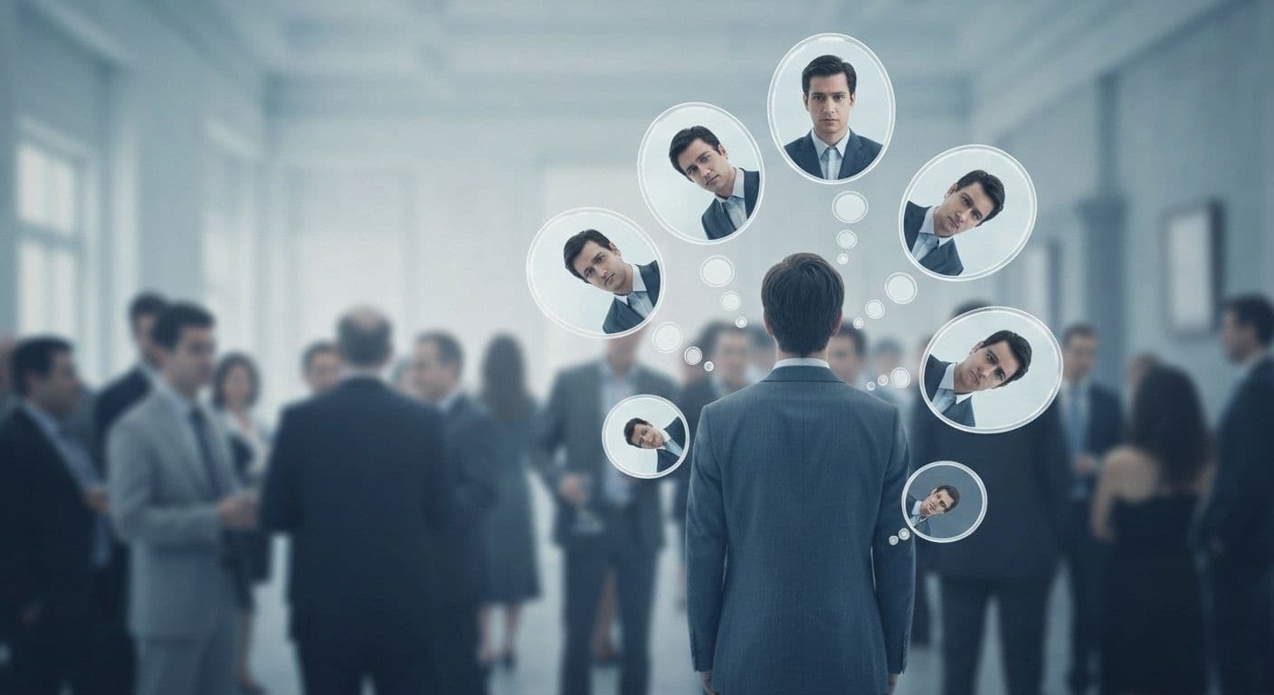 Person experiencing anxiety hyper self awareness in social situation with internal focus visualization