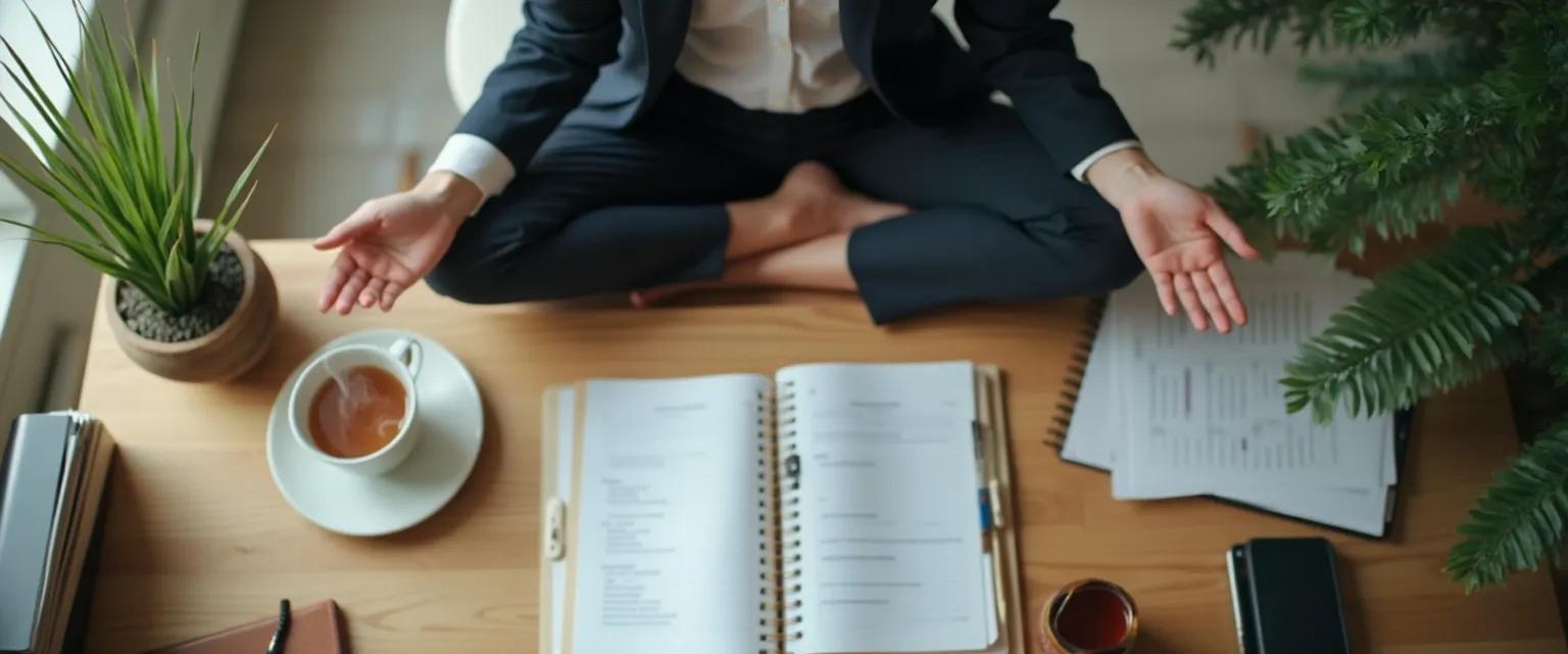 Professional practicing mindful thoughts exercise at desk during busy workday
