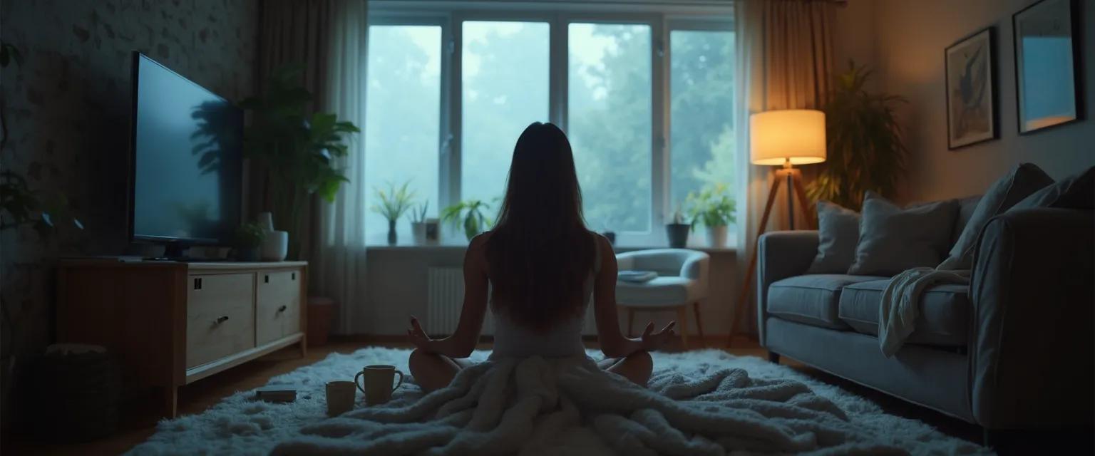 Person practicing calming techniques during a storm to manage anxiety and weather sensitivity