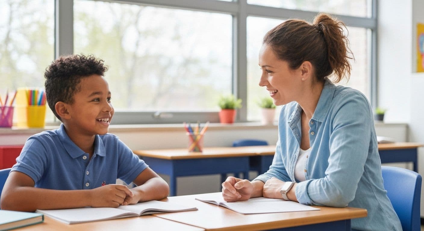 Teacher conducting self awareness social emotional learning check-in with elementary students in classroom