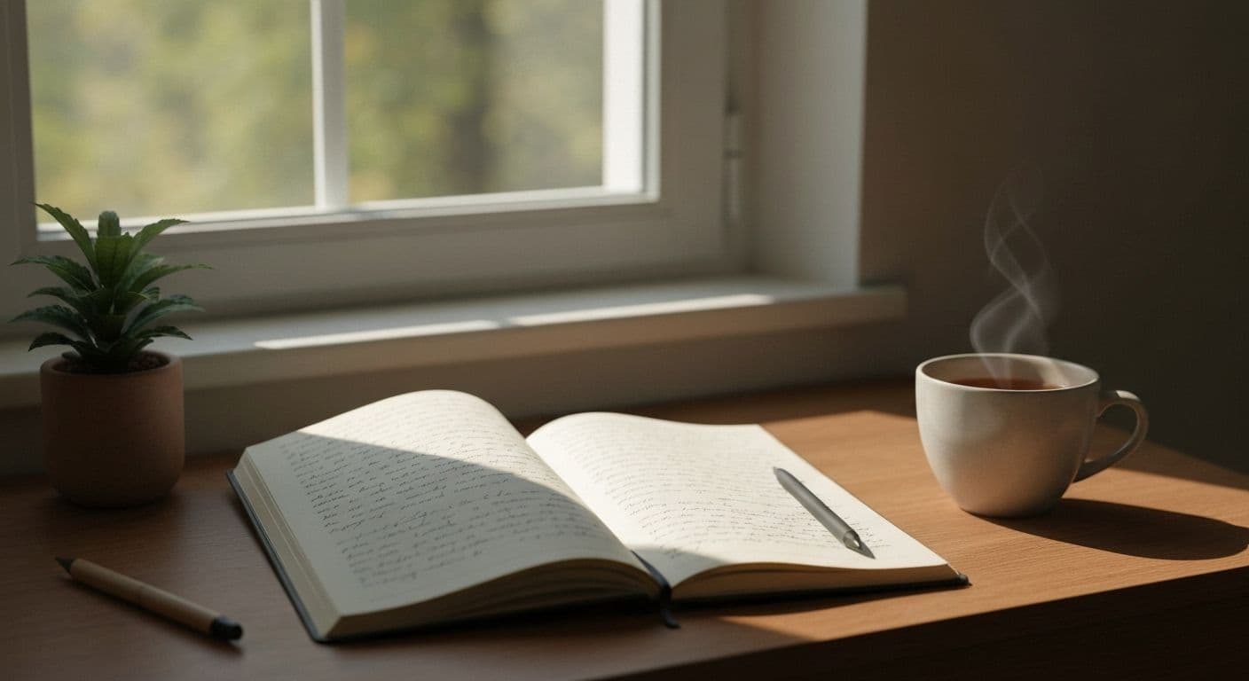 Person peacefully writing grief journaling prompts in a cozy morning routine with coffee