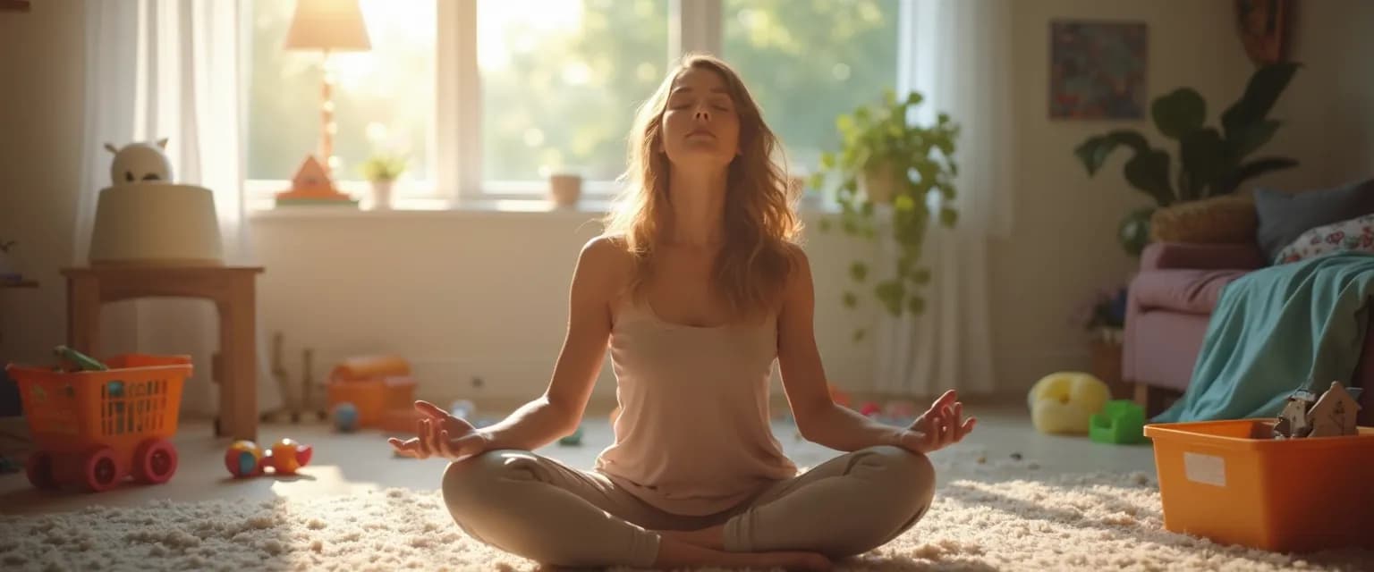 Mother practicing mindfulness meditation exercises while her child plays nearby
