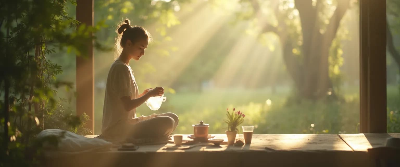 Person practicing trait mindfulness exercise during everyday activity