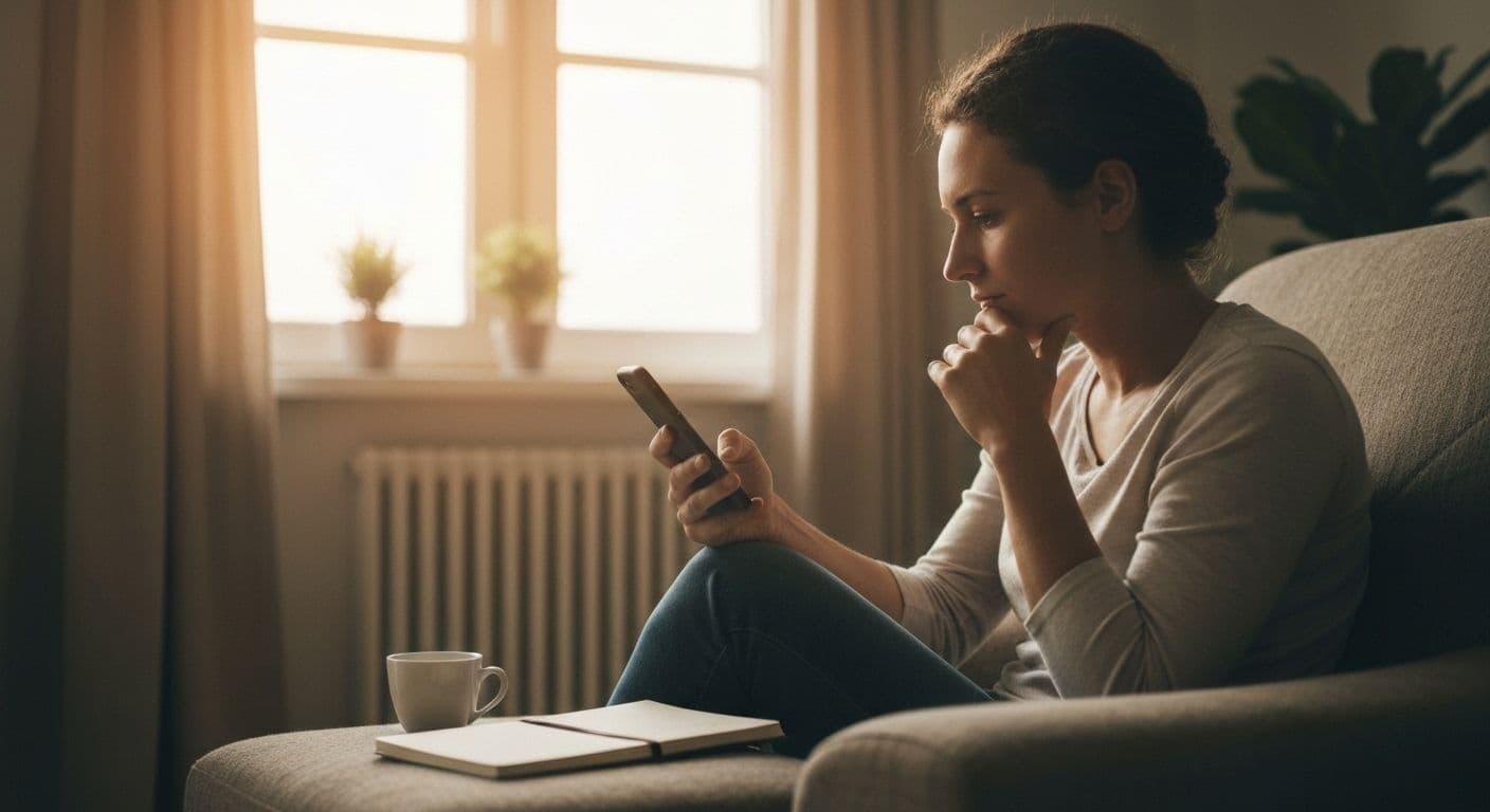 Person scrolling through phone looking at celebrity breakups this week with thoughtful expression