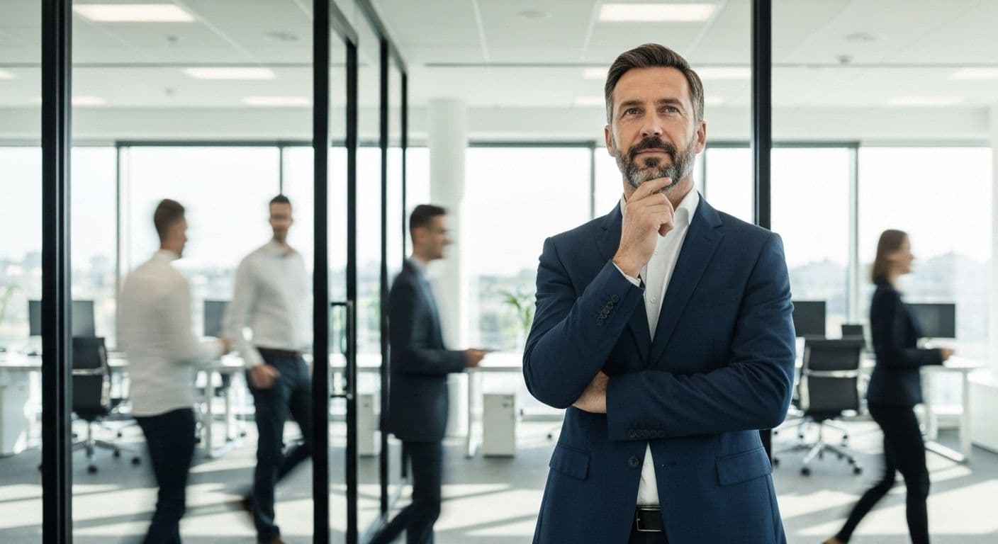Leader pausing thoughtfully before making a decision, illustrating the mind of the leader under pressure