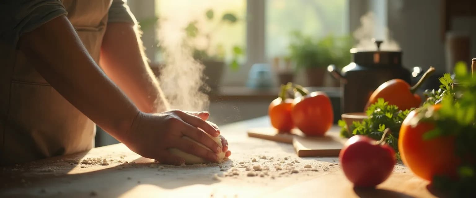 Person mindfully kneading dough to calm an anxious mind through kitchen therapy