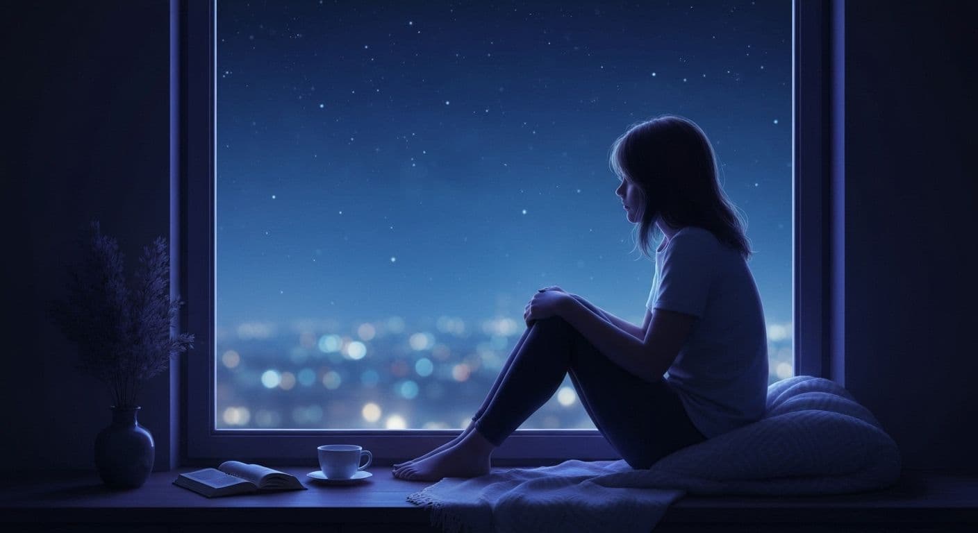 Person sitting alone at night feeling sad over breakup with dim lighting and contemplative mood