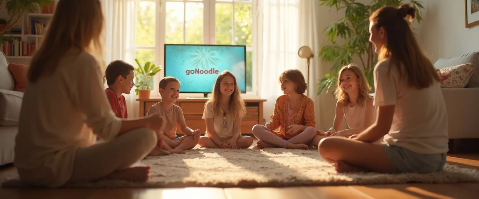 Family practicing GoNoodle mindfulness activities together during weekend bonding time