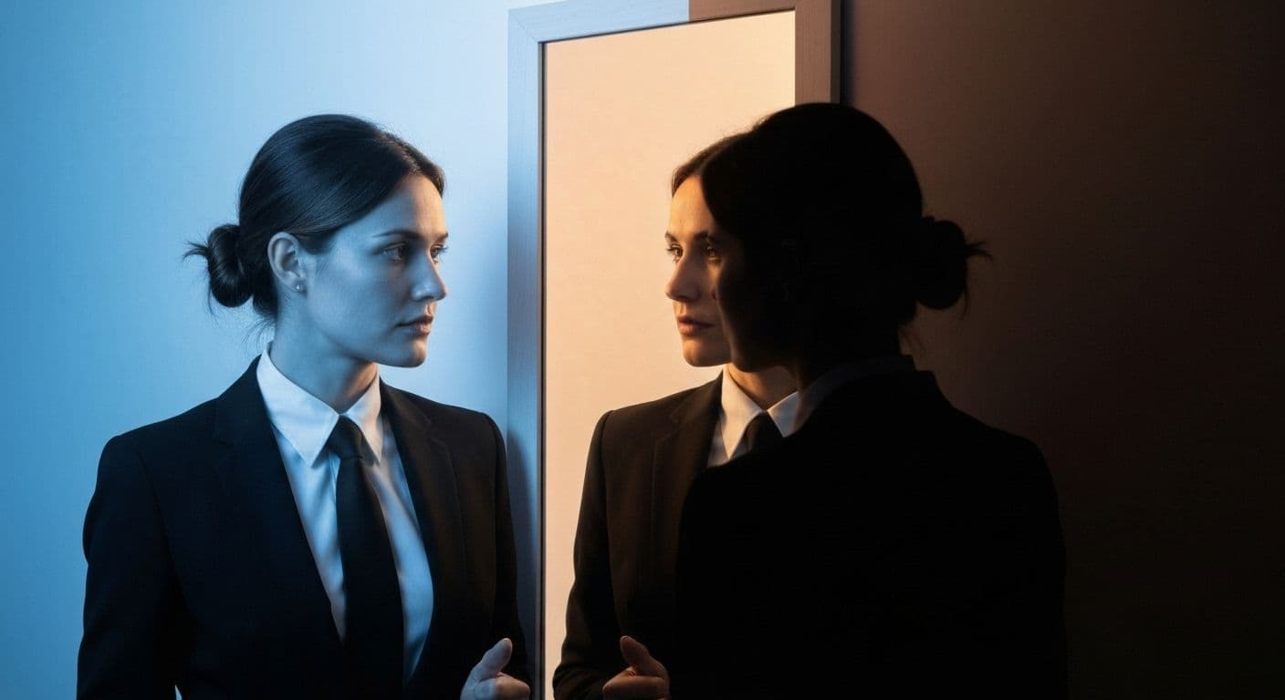 Person looking in mirror discovering accurate self awareness and uncovering blind spots through structured feedback