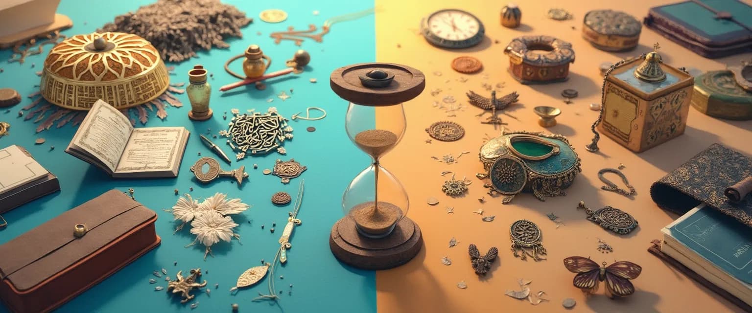 Person balancing cultural heritage symbols and productivity tools representing procrastination and cultural identity