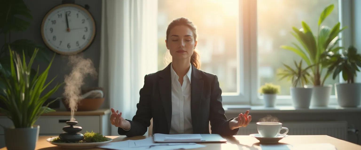 Professional taking a 10-minute mind refreshing break at desk with breathing exercise