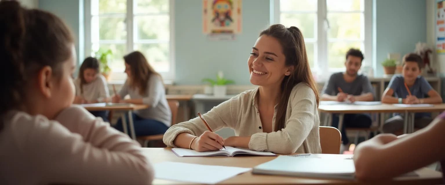 Teacher leading self awareness SEL exercise with engaged students in classroom