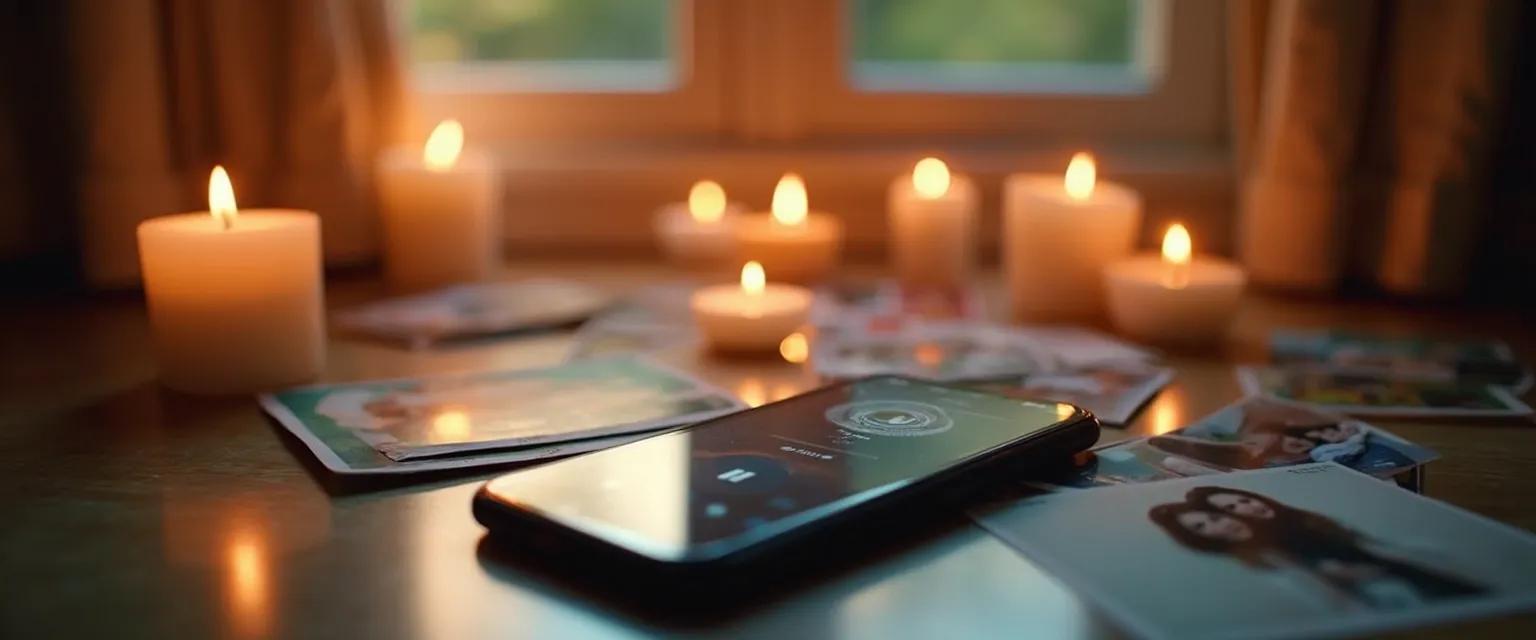 Person creating memorial playlist using grief apps on smartphone