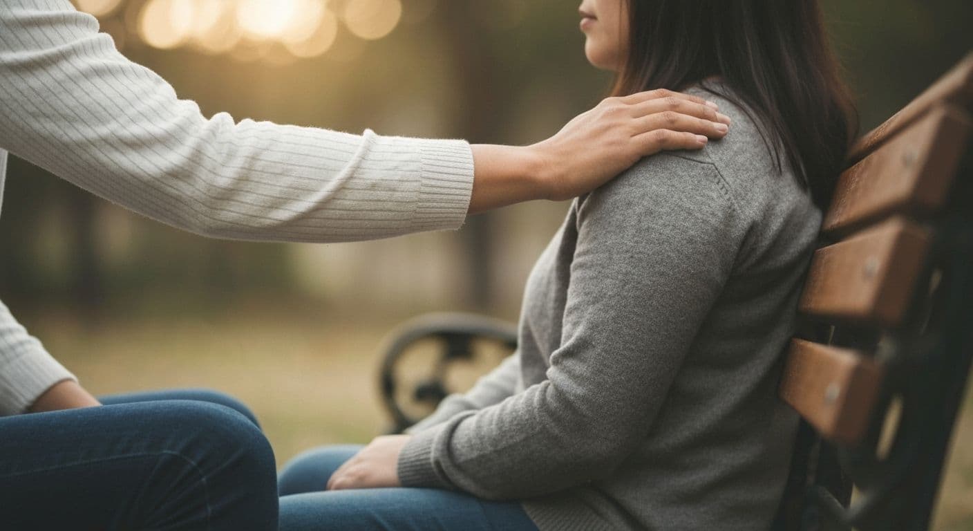 Two people having a supportive conversation about what to say for someone who lost someone, showing authentic connection during grief