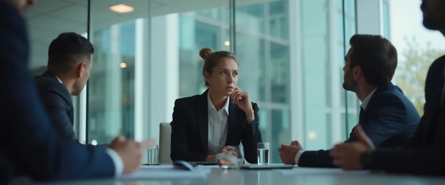 Business professional using Forbes self-awareness techniques during high-pressure meeting