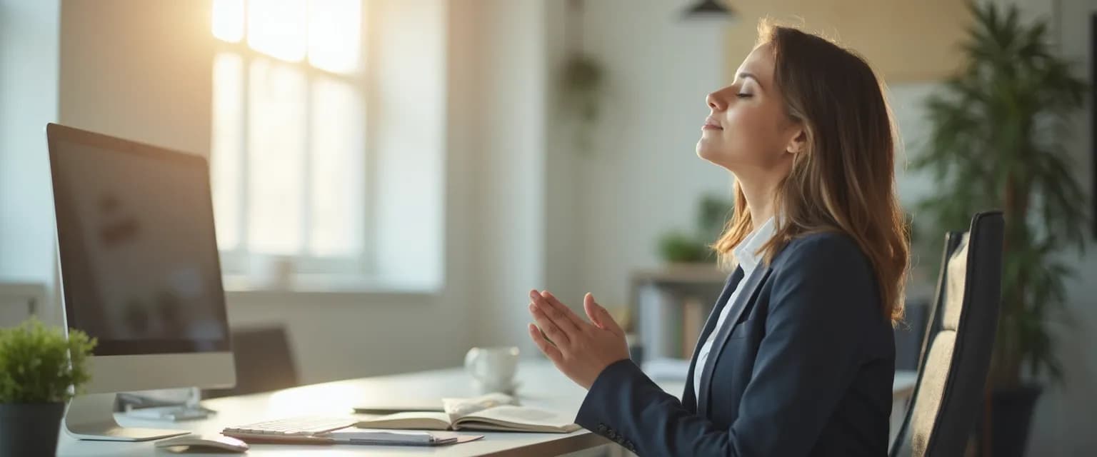 Professional practicing mindfulness breathing exercises at office desk