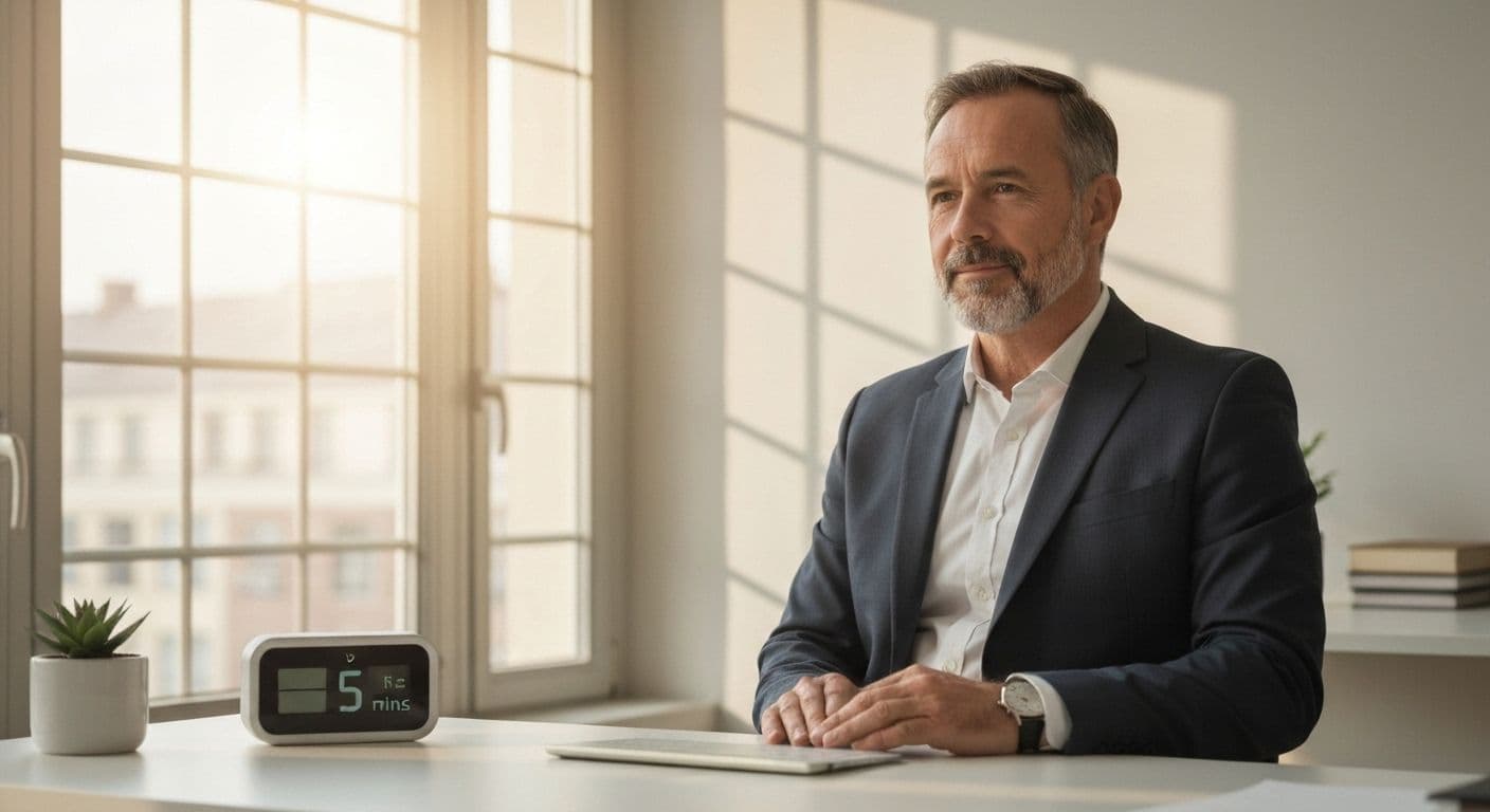 Busy professional practicing mindfulness and mental health techniques at desk in modern office