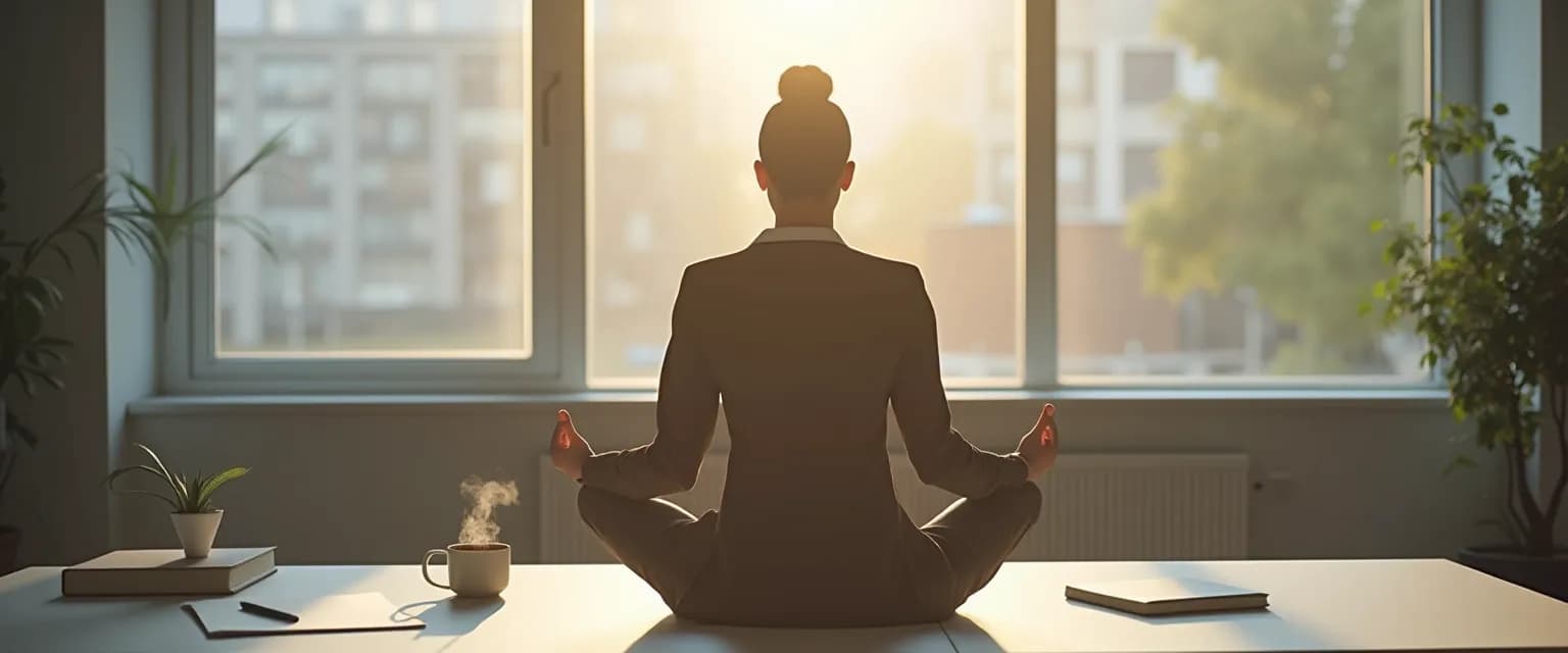 Professional practicing self-care and awareness exercises at desk