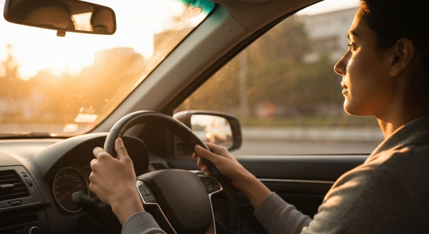 Person practicing mindful Christianity during morning commute with peaceful expression while driving