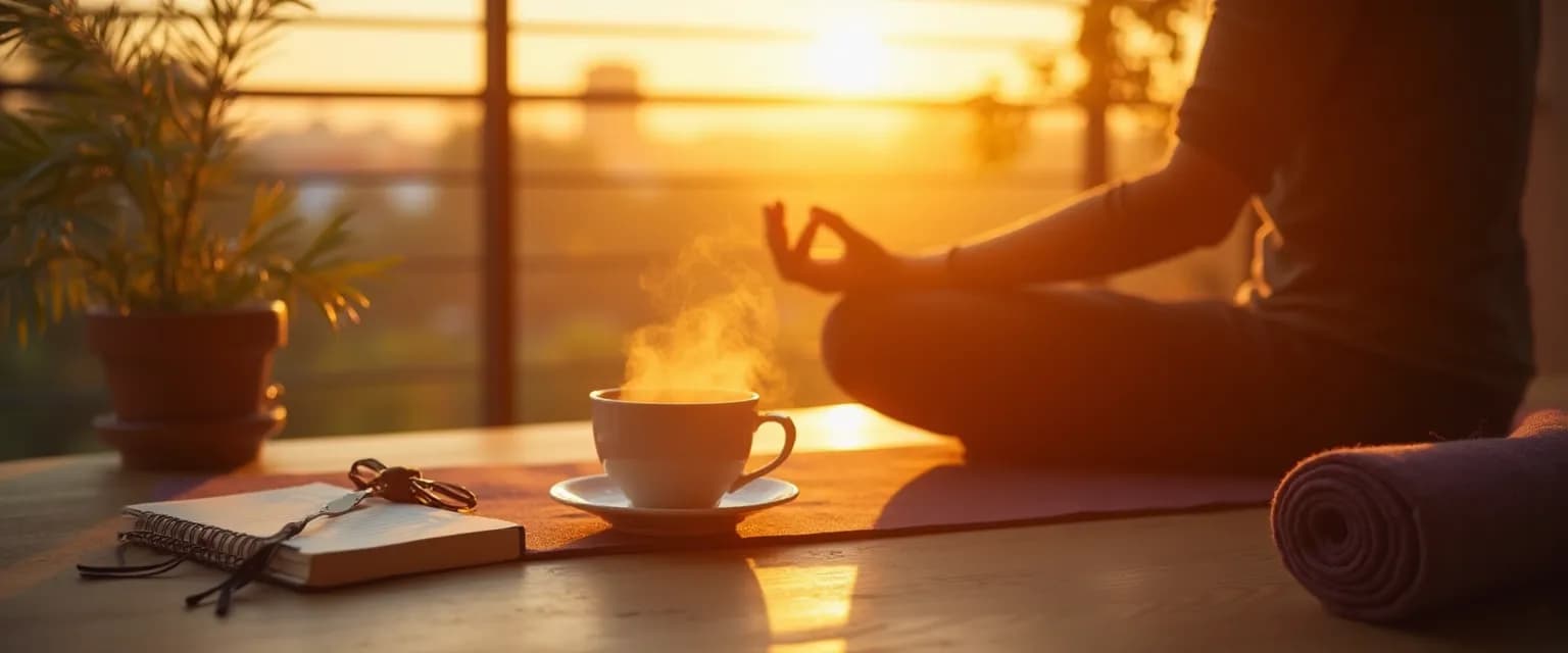 Happy person performing morning ritual for positive mindset and daily happiness