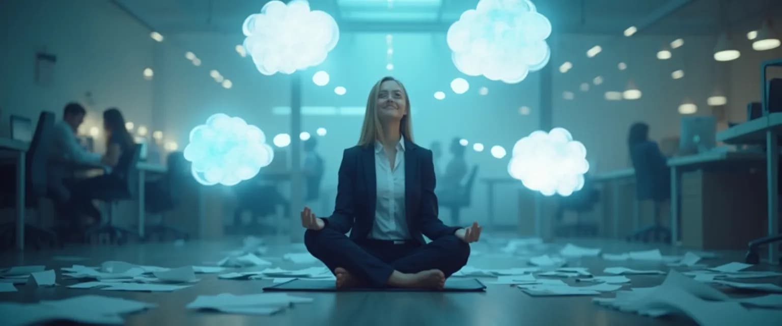 Professional using smiling mind meditation techniques to reduce workplace stress