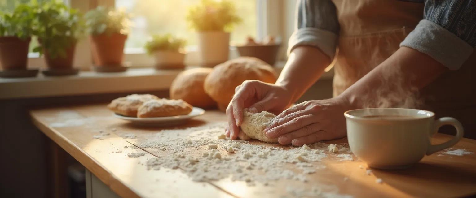 Person practicing mindful living techniques while baking bread in a sunlit kitchen