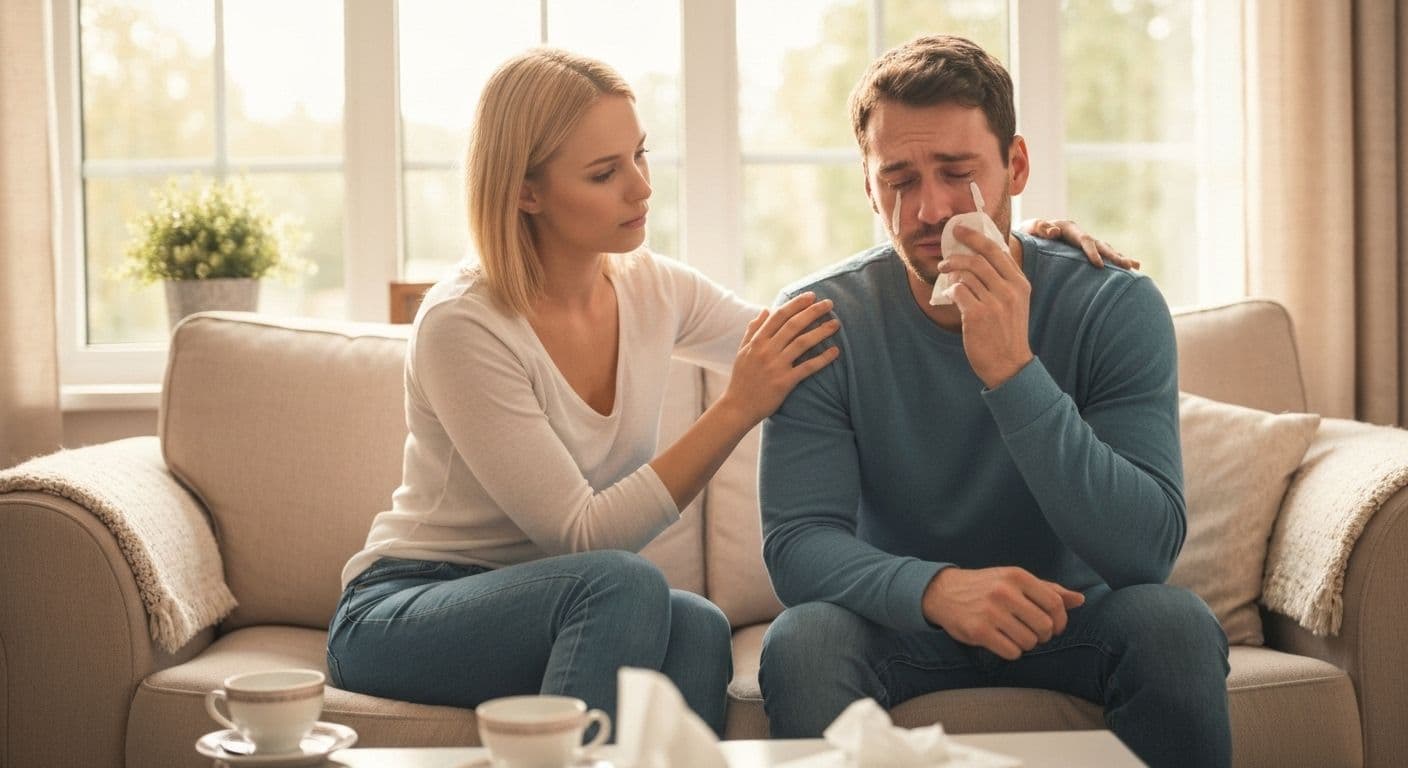 Friend offering supportive comfort during heartbreak stages with empathetic listening and presence