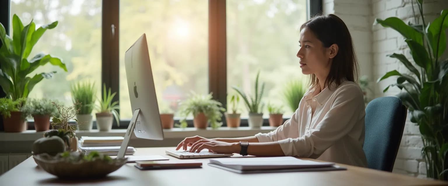 Professional practicing Jon Kabat-Zinn meditation technique at desk during busy workday